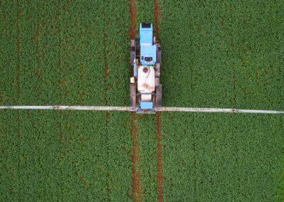 Un tracteur épande de l'insecticide sur son champs